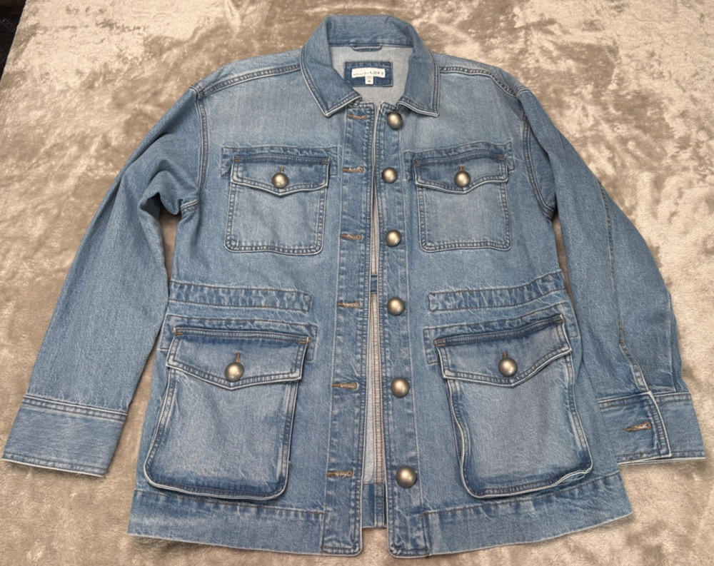 Loft Blue Denim Parka Jacket Silver Buttons Womens Size M